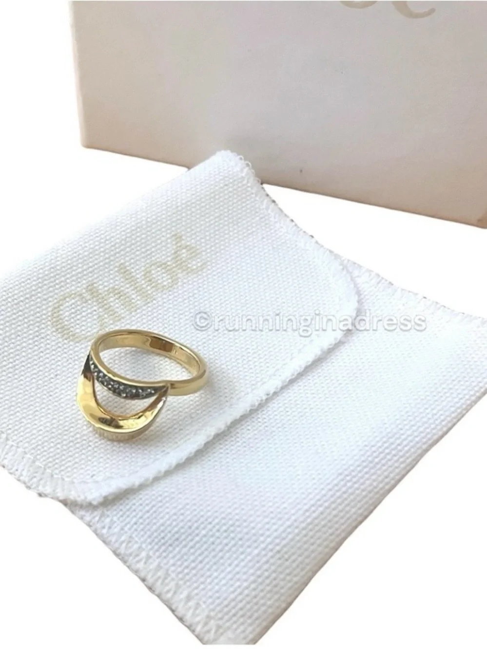 Chloé Crescent Pave Crystal Ring Gold Tone Statement EU 54 US 7 Full Set Box Bag